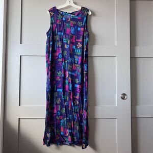 VTG Drapers & Damons Maxi Dress Women Sz 14 Leaves Purple Sleeveless Lightweight